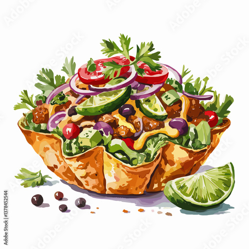 Watercolor Taco Salad in Tortilla Bowl with Toppings and Lime