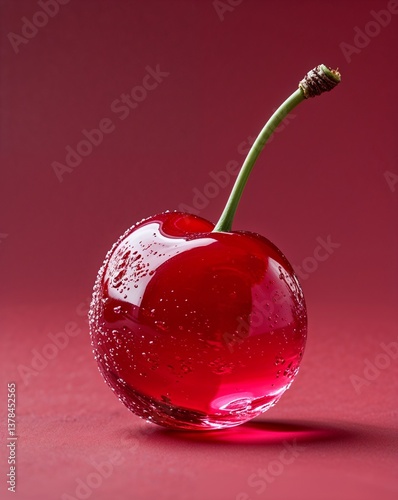 A glassy looking cherry hard candy on a plain ruby red background