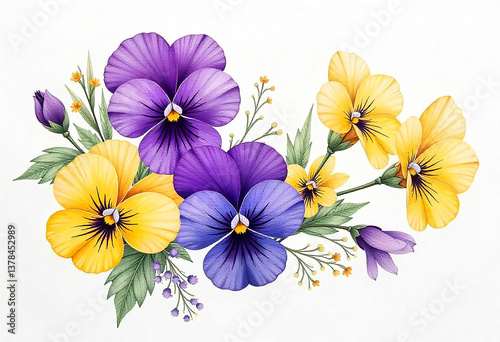 Colorful watercolor pansies flower illustration. Spring botanical floral design, hand painted flower.