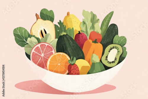 Colorful assortment of fresh fruits and vegetables in bowl, vibr