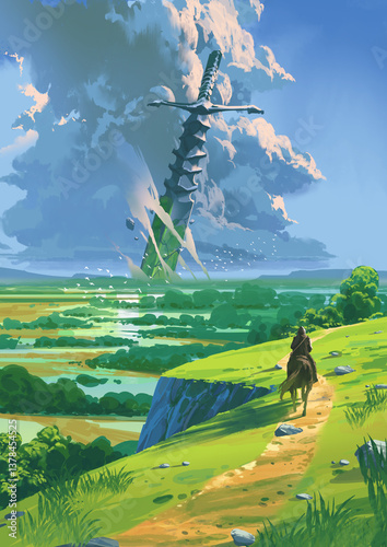 A rider on horseback journeys through a lush valley toward an enormous sword embedded in the distant earth under a dramatic sky, digital art style, illustration painting