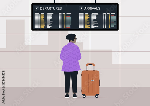A traveler stands under the airport departure board, checking flight details and feeling anticipation for their journey ahead, Luggage sits by their side, ready for adventure