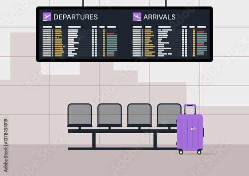 An organized display showcasing flight schedules for departures and arrivals catches the eye in a modern airport, while a bright suitcase sits patiently beside empty waiting chairs