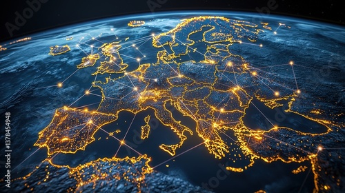 Fototapeta Naklejka Na Ścianę i Meble -  A glowing satellite view of Europe, showcasing interconnected cities with illuminated networks and highways.
