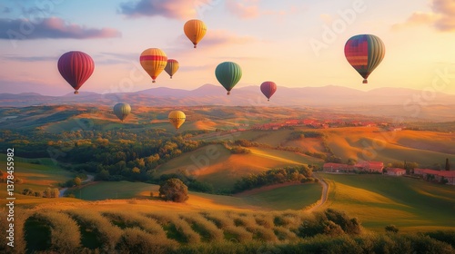 Hot Air Balloons in a Picturesque Landscape: A Scenic Sunset Adventure in Colorful Countryside Skies