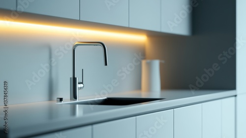 futuristic kitchen, future kitchen with self-cleaning surfaces, hydraulic storage, and drone-operated appliances illuminated in soft holographic light room for text