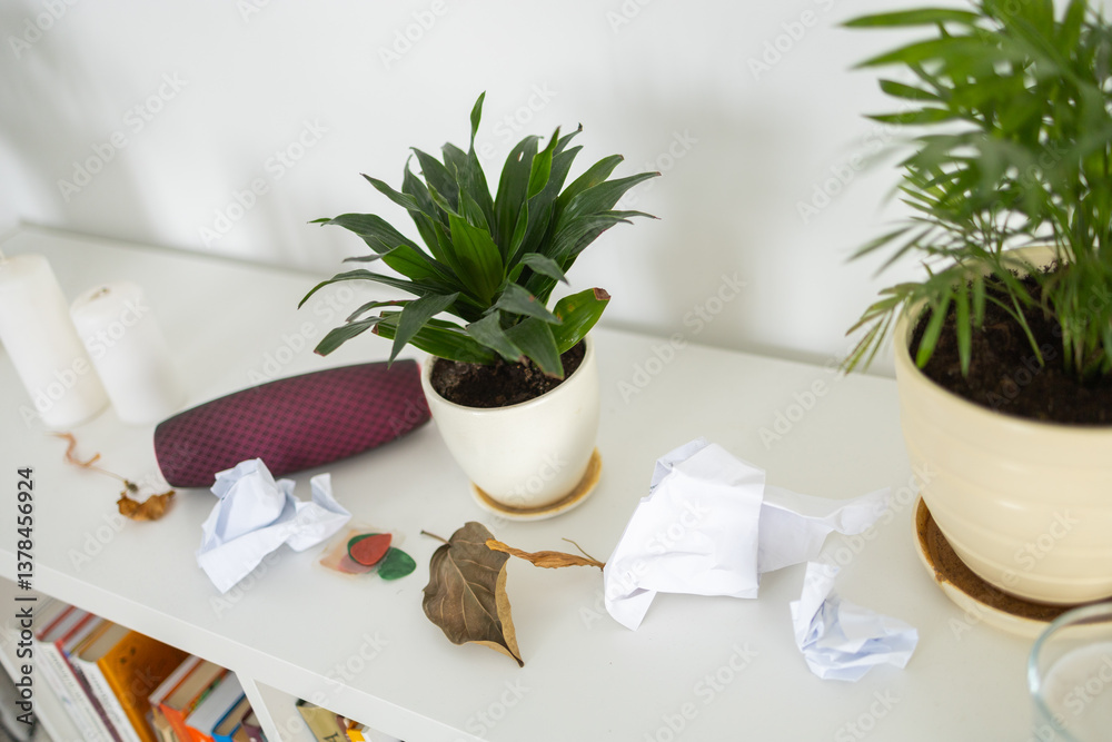 Messy shelf with plants, trash, and random objects scattered across the surface. Disorder and everyday household neglect in a cluttered environment