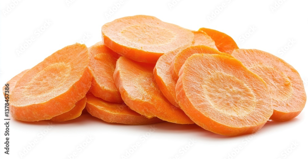 Sliced carrots, fresh and ready to eat. Stacked, round slices of vibrant orange carrots, perfectly presented against a white background Sliced carrots, fresh and ready to eat. Stacked, round slices of vibrant orange carrots, perfectly presented against a white background