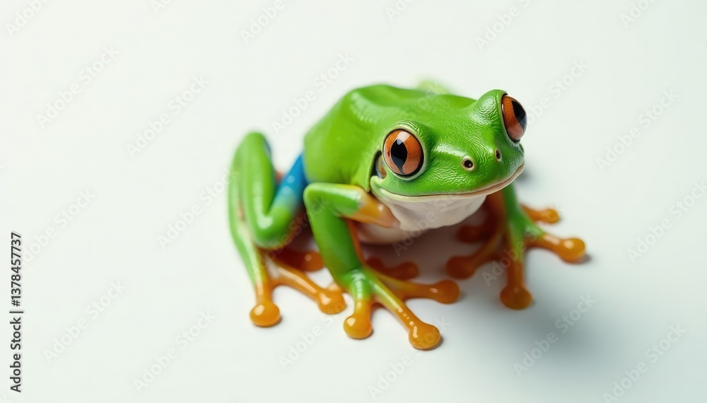 Obraz premium Green tree frog perched on white, vibrant skin, single frog, closeup, skin