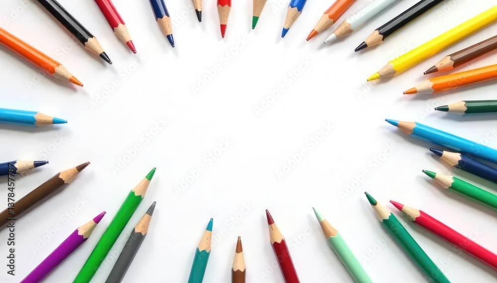 High-angle view of scattered writing implements on white backdrop , colorful, desk accessories, craft High-angle view of scattered writing implements on white backdrop , colorful, desk accessories, craft