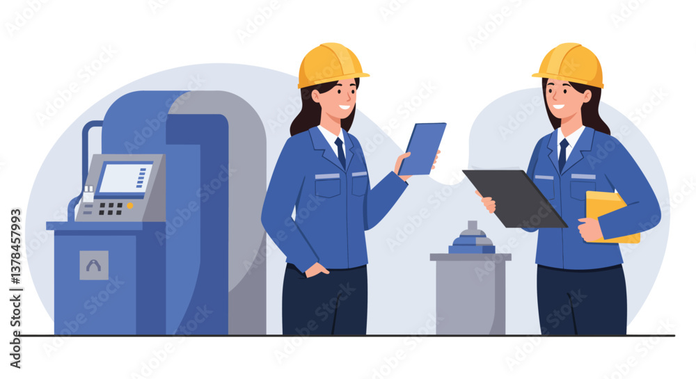 Two construction workers collaborating with tools in flat vector art illustration Two construction workers collaborating with tools in flat vector art illustration