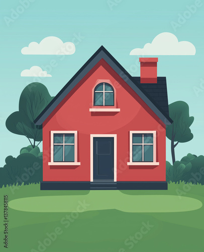 House vector illustration red house with some trees on the grass