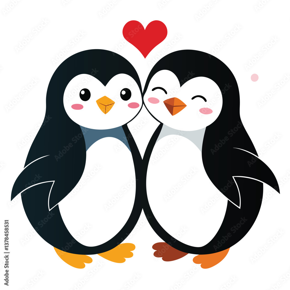 Fototapeta premium Cartoon Penguin Couple with Heart, Cute on White Background