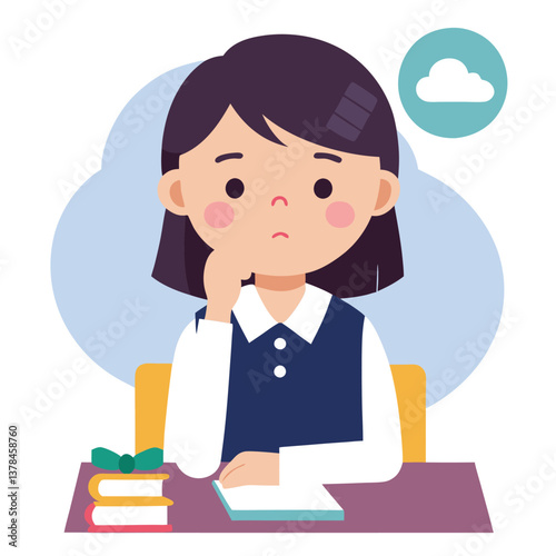 Cartoon Pensive Girl At Desk With Cloud, Notebook, and Books on White Background