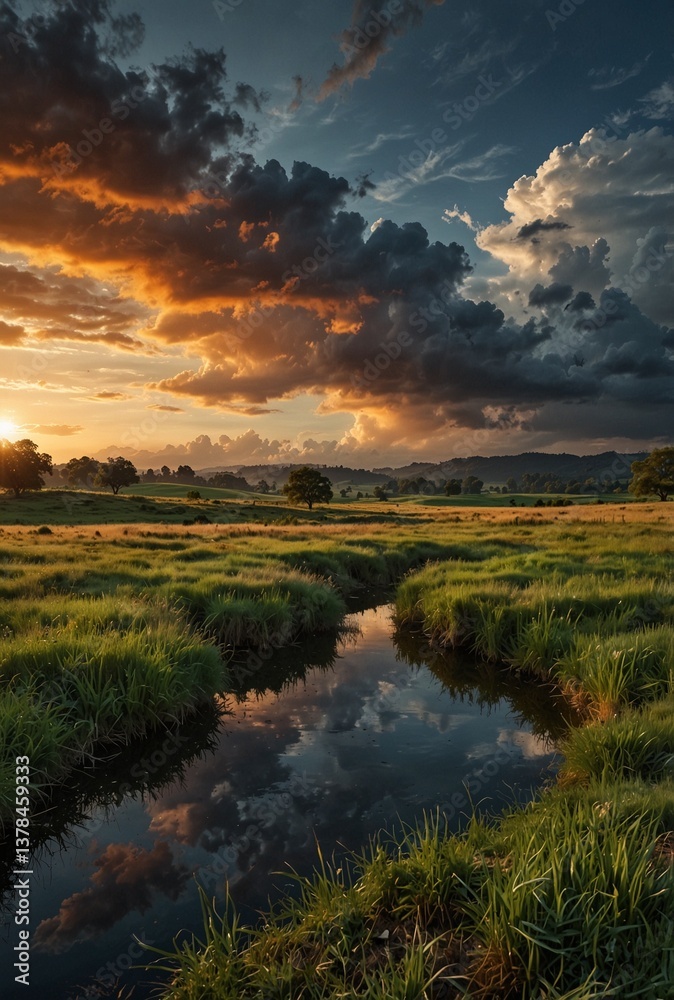 Naklejka premium sunset over the river