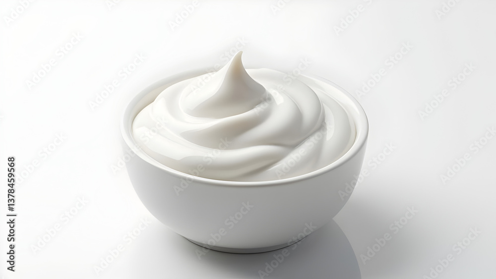 Swirl of Smooth White Greek Yogurt in a White Bowl, Creamy Dairy Dessert, Healthy Eating, High Protein Snack, Minimalist Food Photography on a White Background. Swirl of Smooth White Greek Yogurt in a White Bowl, Creamy Dairy Dessert, Healthy Eating, High Protein Snack, Minimalist Food Photography on a White Background.