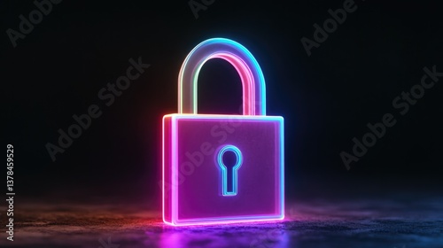 Neon padlock glowing against dark background, symbolizing securi
