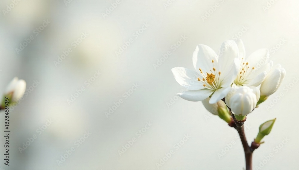 Obraz premium Delicate white blossoms, petals unfurled, pure backdrop , plant, bloom