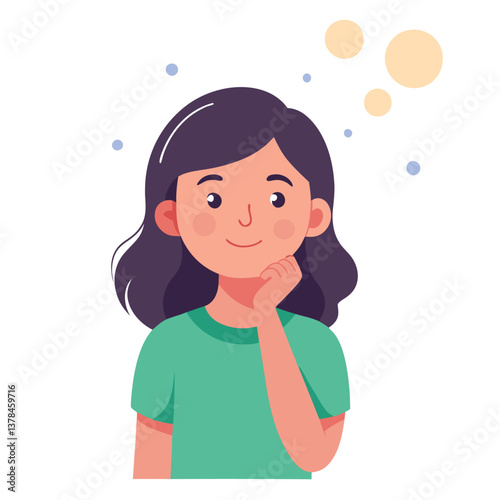 Cartoon Young Woman Resting Chin on Hand with Round Thinking Bubbles