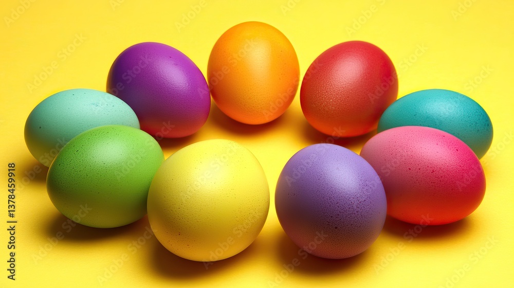 A group of colorful Easter eggs arranged in a circle on a bright yellow background A group of colorful Easter eggs arranged in a circle on a bright yellow background