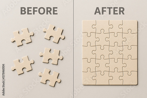 Before and after transformation concept showing progress from scattered beige jigsaw puzzle pieces to a fully completed square puzzle layout symbolizing problem solving, organization, and goal achieve