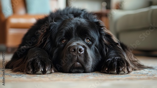 Newfoundland Dog Relaxing on Cool Floor at Home in Living Room