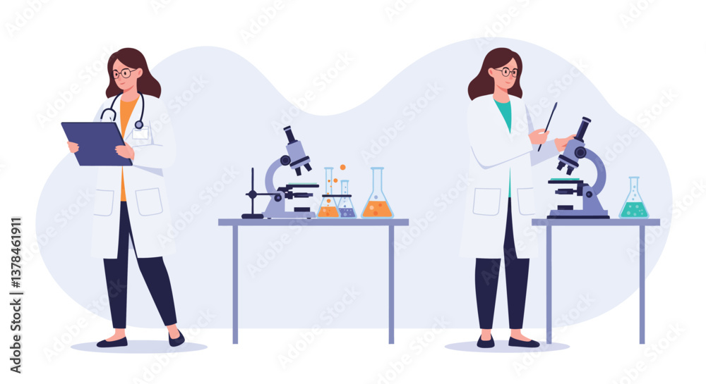 Scientist in lab coat working with equipment in flat vector illustration Scientist in lab coat working with equipment in flat vector illustration
