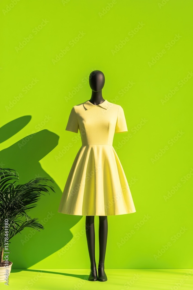 Obraz premium Bright yellow dress on mannequin against vibrant green backgroun