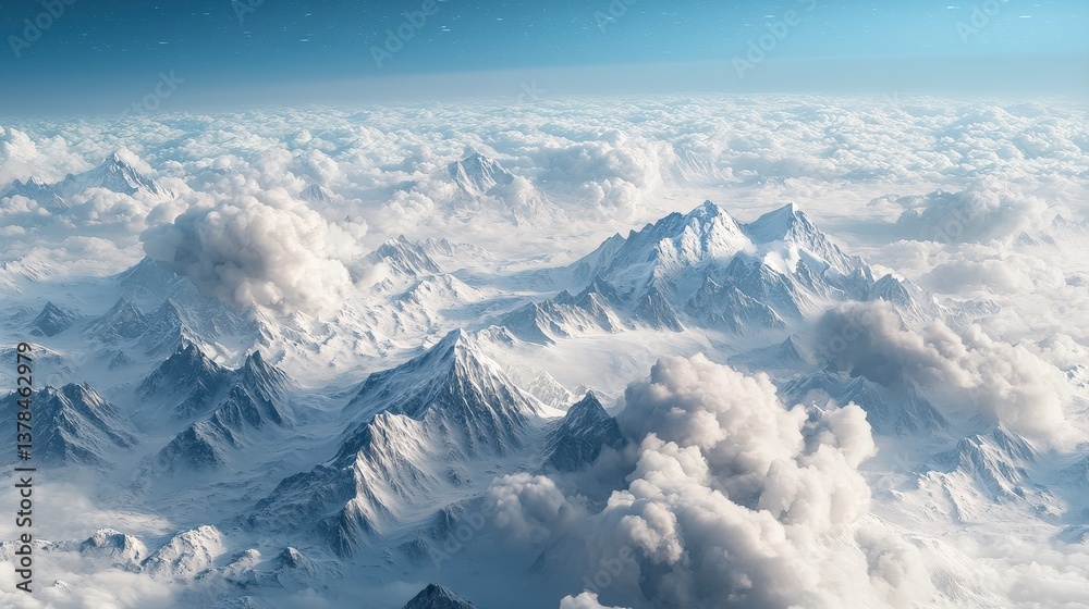 Fototapeta premium A breathtaking aerial view of snow-capped mountains surrounded by clouds under a blue sky, showcasing the beauty of nature.