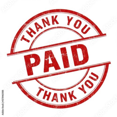 A red ink stamp with the words thank you and paid in a circular design on a white background image