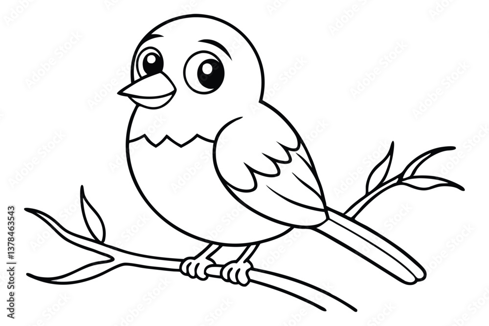 Fototapeta premium Cute Cartoon Bird Sitting on Branch Outline Style Isolated on Transparent Background