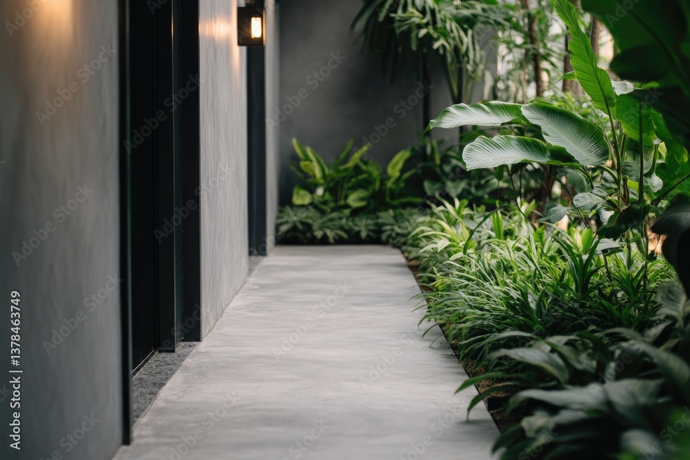 Lush greenery lines serene pathway, creating tranquil outdoor am Lush greenery lines serene pathway, creating tranquil outdoor am