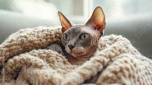 Sphynx Cat Curled Up Under Cozy Blanket in Warm Contentment photo