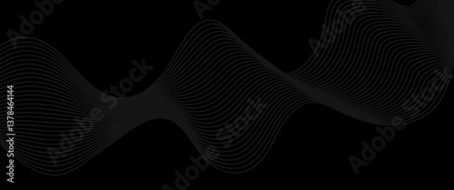 Black abstract background design. Modern wavy line pattern in monochrome colors. Premium stripe texture for banner, business backdrop. Dark horizontal vector template