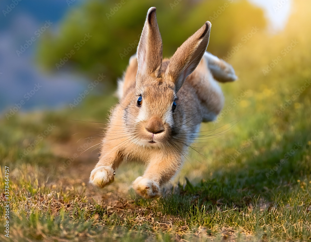 Fototapeta premium Cute brown rabbit running on grass in nature