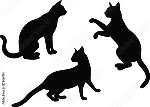Playful Cat Silhouette Set Sitting, Reaching, Walking | Transparent