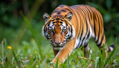 Indochinese tiger prowling through green grass, revealing bold stripes and silent power.