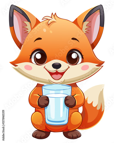 Chibi fox with a glass of milk – a small, fluffy fox with a wide smile who is currently drinking milk from a large glass.