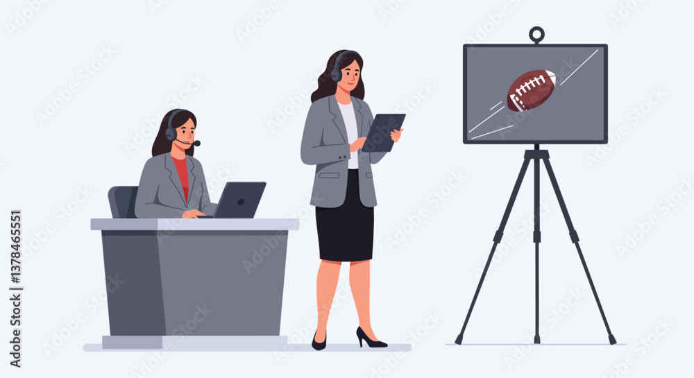 Fototapeta premium Business meeting with two women discussing sports strategy in flat vector art