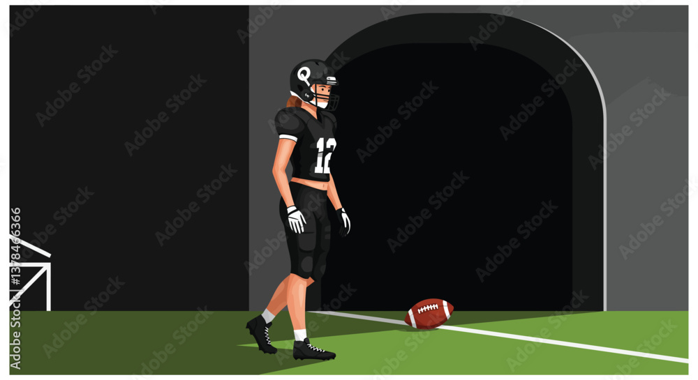 Fototapeta premium Female football player in black uniform preparing for game in flat vector illustration