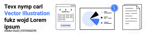 Calendar with subscribe button, pie chart with financial data, and document signify planning, analytics, and productivity. Ideal for finance, business, marketing, reports scheduling organization