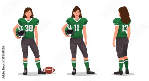 Female football player character design in flat style showcasing three different poses vector art