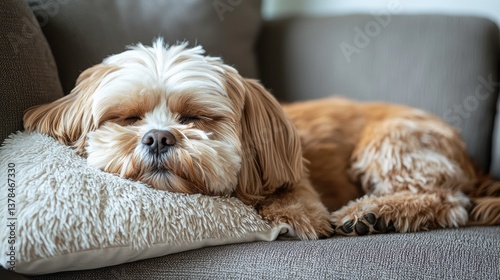 Lhasa Apso Dog Napping on Fluffy Pillow in Cozy Small Apartment