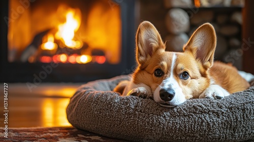 Pembroke Welsh Corgi Relaxing in Cozy Dog Bed by Warm Fireplace