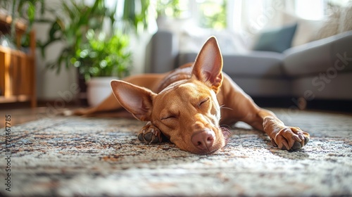 Relaxed Pharaoh Hound Snoozing Comfortably on Soft Living Room Rug