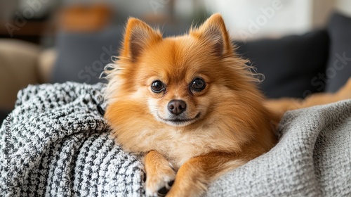Cozy Pomeranian Relaxing on Comfortable Couch for Home Vibes