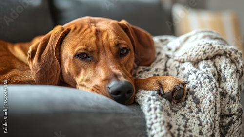 Cozy Rhodesian Ridgeback Dog Relaxing on the Couch with Blanket