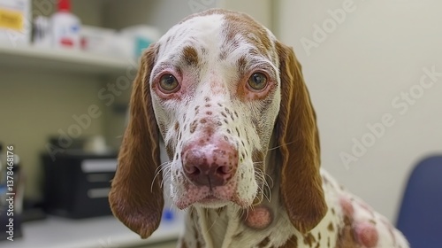Close-up of a dog displaying symptoms of ringworm at a veterinary clinic, showcasing the importance of pet health and veterinary care in a clinical environment
