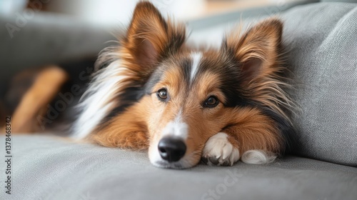 Shetland Sheepdog Relaxing Comfortably on Cushioned Sofa