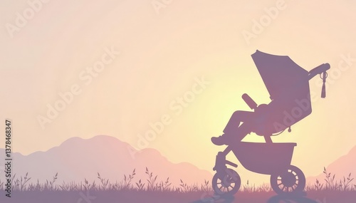 Subtle stroller silhouette repeat on pastel background, minimal, kids, simple
